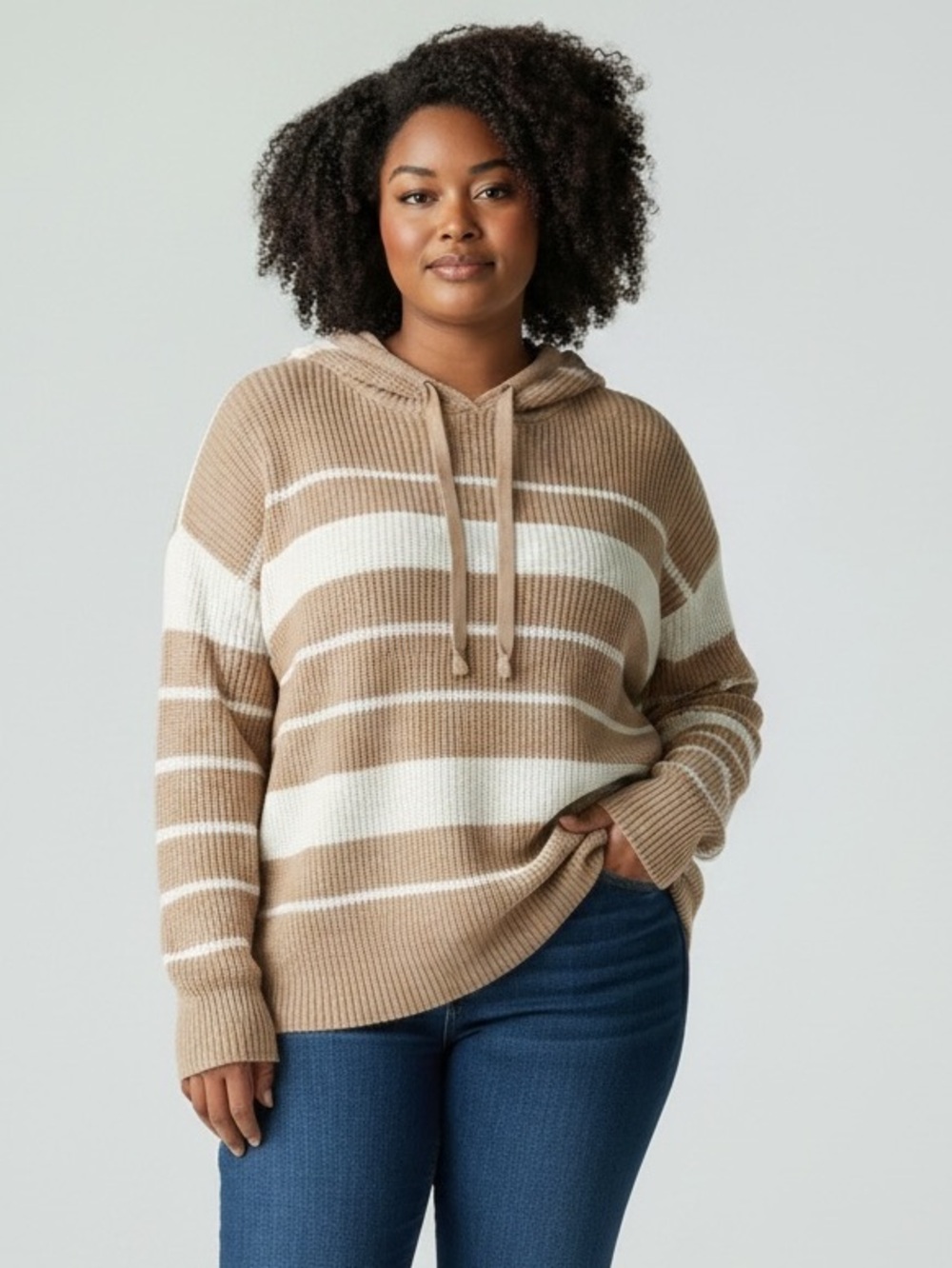 Sienna Sage Women's Taupe & White Striped  Nautical Hoodie Sweater in size xlg